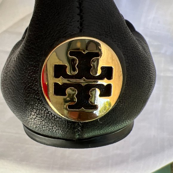 Tory Burch Black Leather Flats Round Toe Gold Tone Lock Buckle Slip On Shoes 7 - Picture 5 of 9